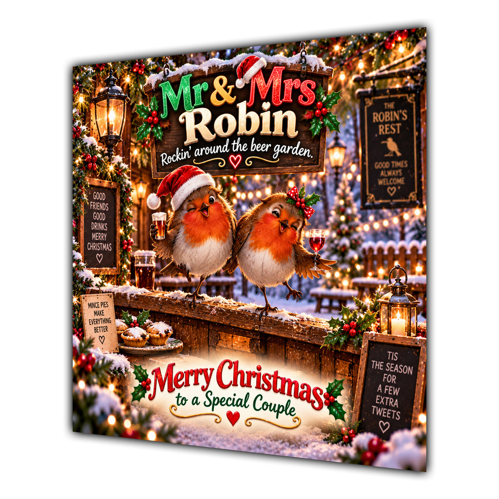 Couple Christmas Card Funny Mr and Mrs Robin Festive Scene - unpersonalised 15 cm square matte greeting card