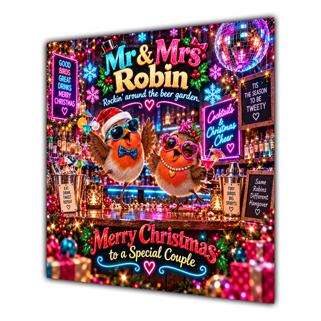 Couple Christmas Card Funny Mr and Mrs Robin Neon Party - unpersonalised 15 cm square matte greeting card