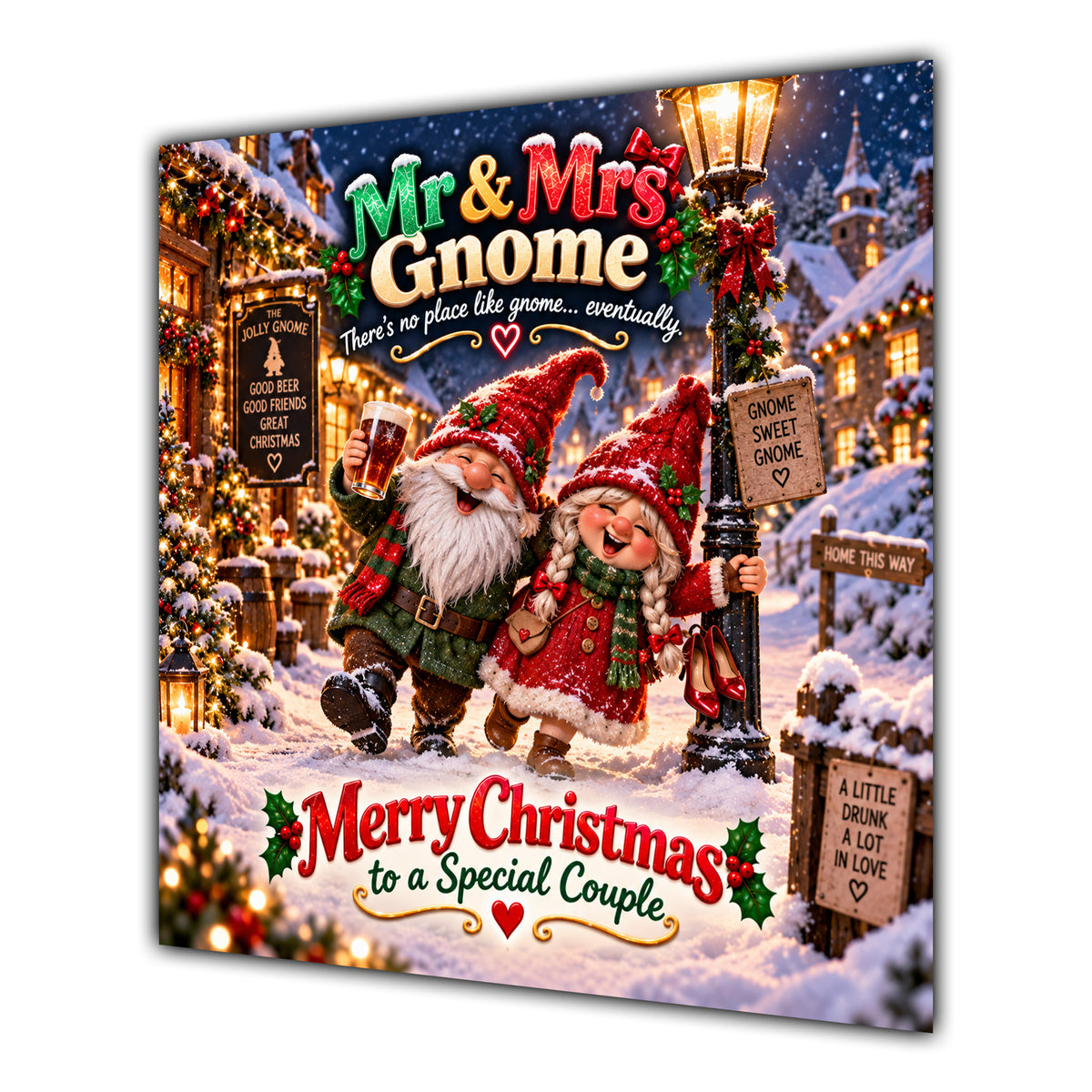 Couple Christmas Card Funny Mr and Mrs Gnome Festive Scene - unpersonalised 15 cm square matte greeting card