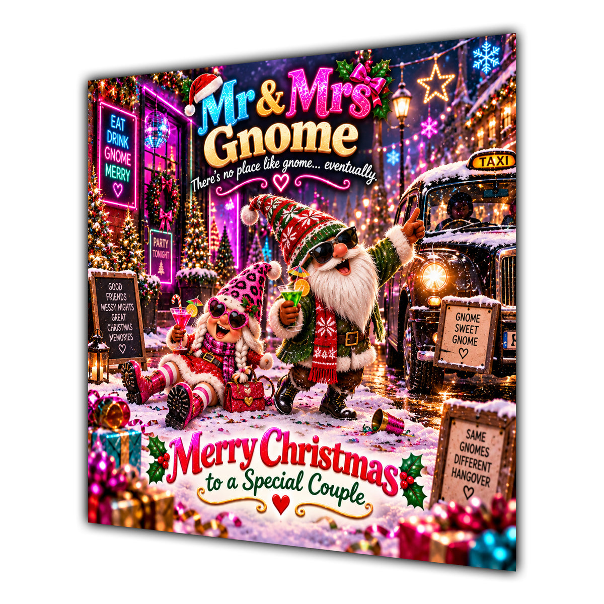 Couple Christmas Card Funny Mr and Mrs Gnome Neon Party - unpersonalised 15 cm square matte greeting card