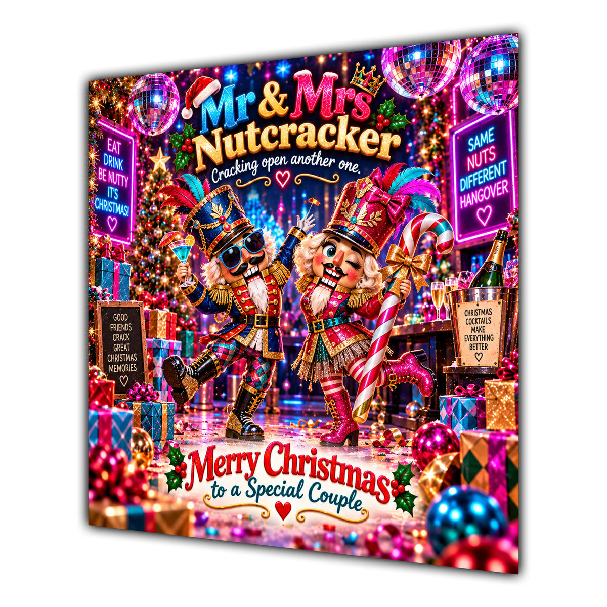 Couple Christmas Card Funny Mr and Mrs Nutcracker Neon Party - unpersonalised 15 cm square matte greeting card