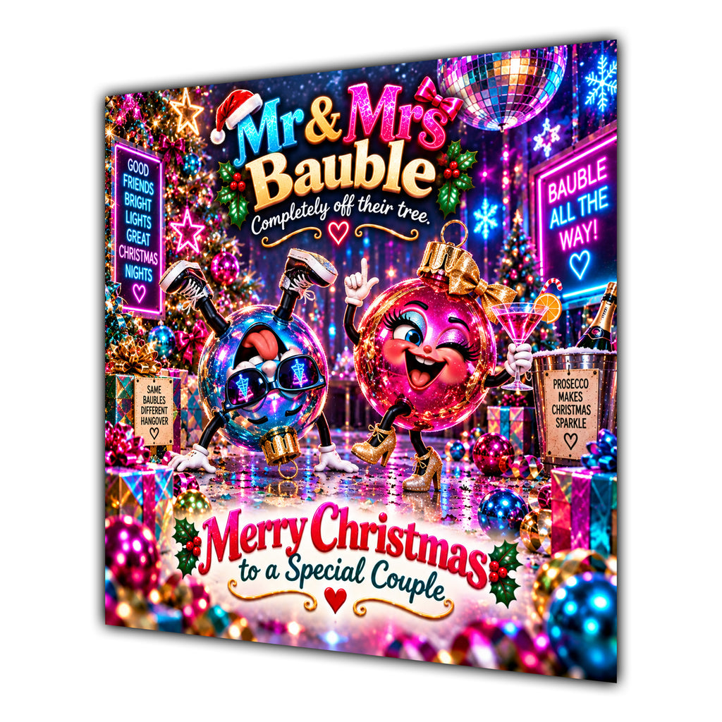 Couple Christmas Card Funny Mr and Mrs Bauble Neon Party - unpersonalised 15 cm square matte greeting card