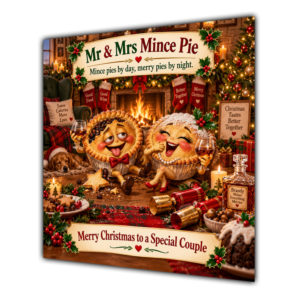 Couple Christmas Card Funny Mr and Mrs Mince Pie Festive Scene - unpersonalised 15 cm square matte greeting card