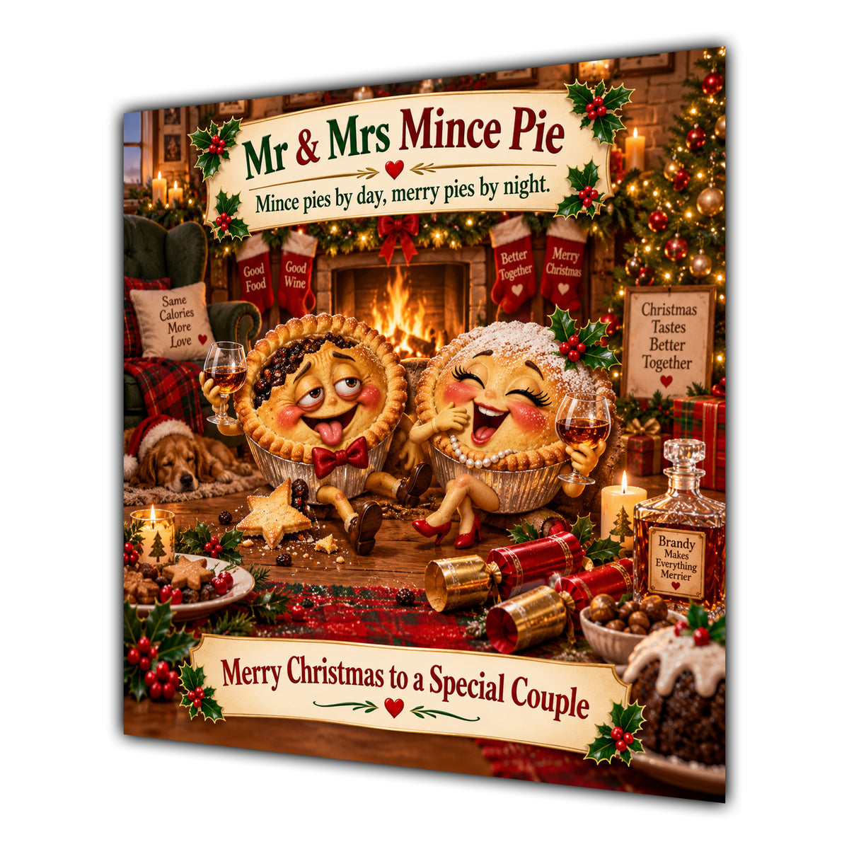 Couple Christmas Card Funny Mr and Mrs Mince Pie Festive Scene - unpersonalised 15 cm square matte greeting card
