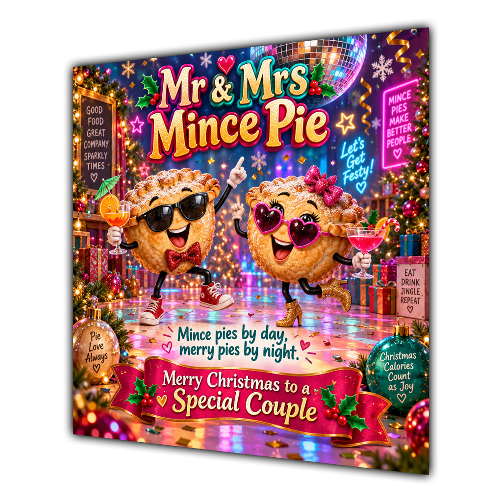 Couple Christmas Card Funny Mr and Mrs Mince Pie Neon Party - unpersonalised 15 cm square matte greeting card