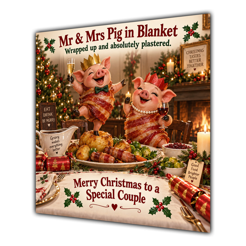 Couple Christmas Card Funny Mr and Mrs Pig in Blanket Festive Scene - unpersonalised 15 cm square matte greeting card