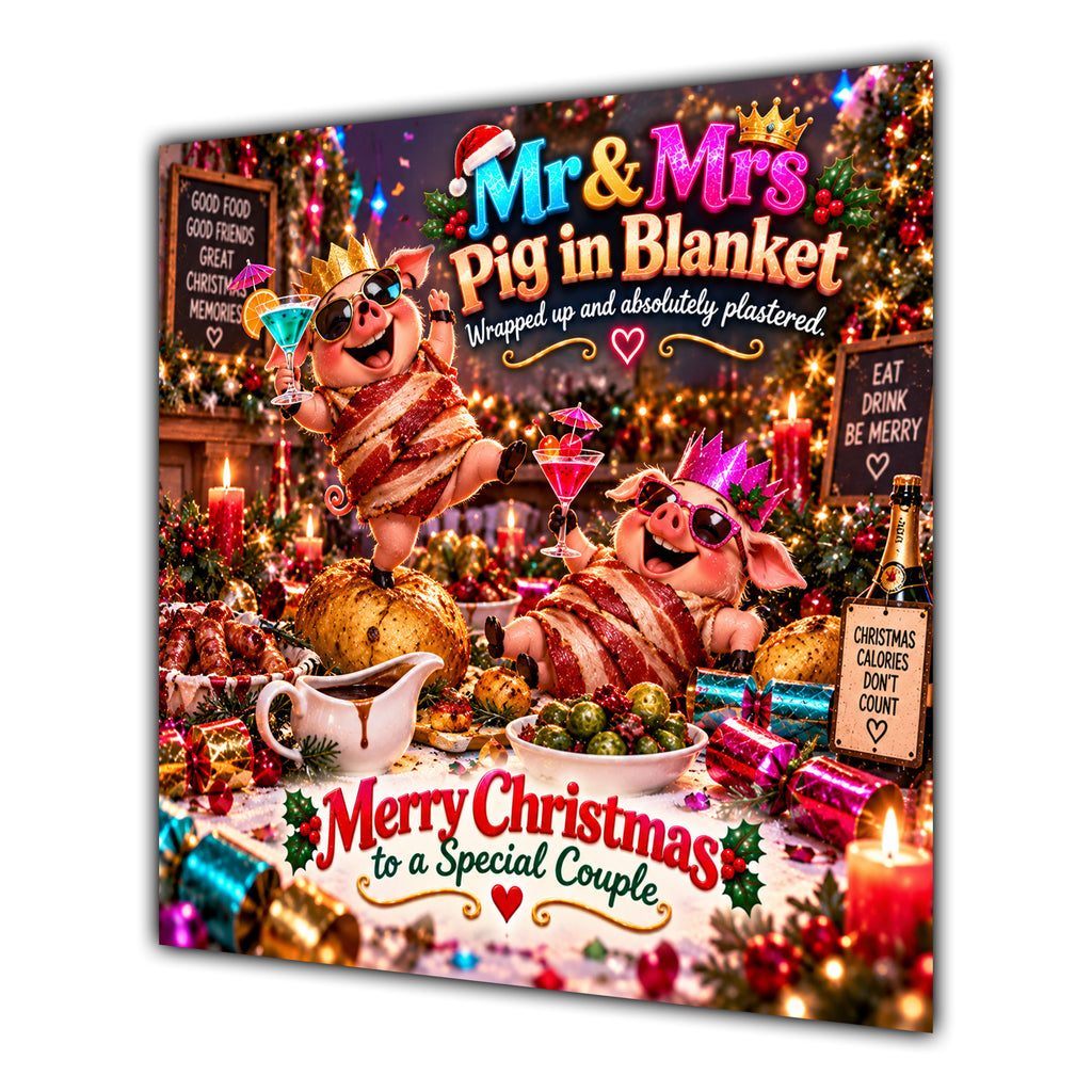 Couple Christmas Card Funny Mr and Mrs Pig in Blanket Neon Party - unpersonalised 15 cm square matte greeting card