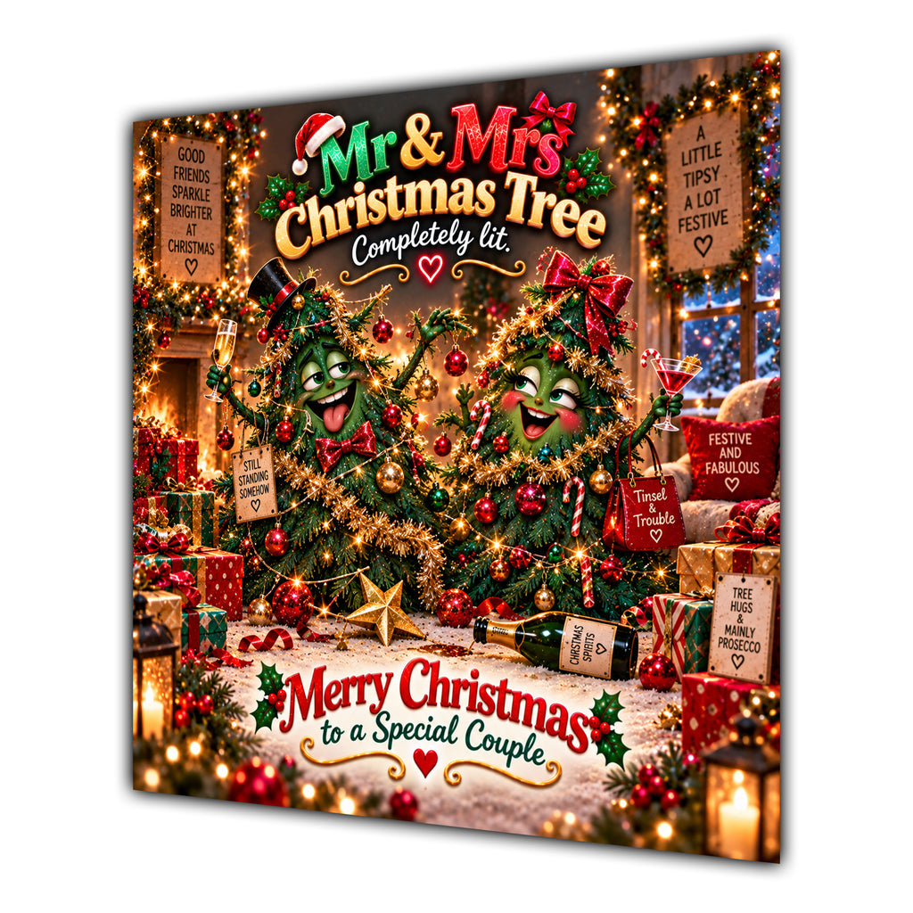 Couple Christmas Card Funny Mr and Mrs Christmas Tree Festive Scene - unpersonalised 15 cm square matte greeting card