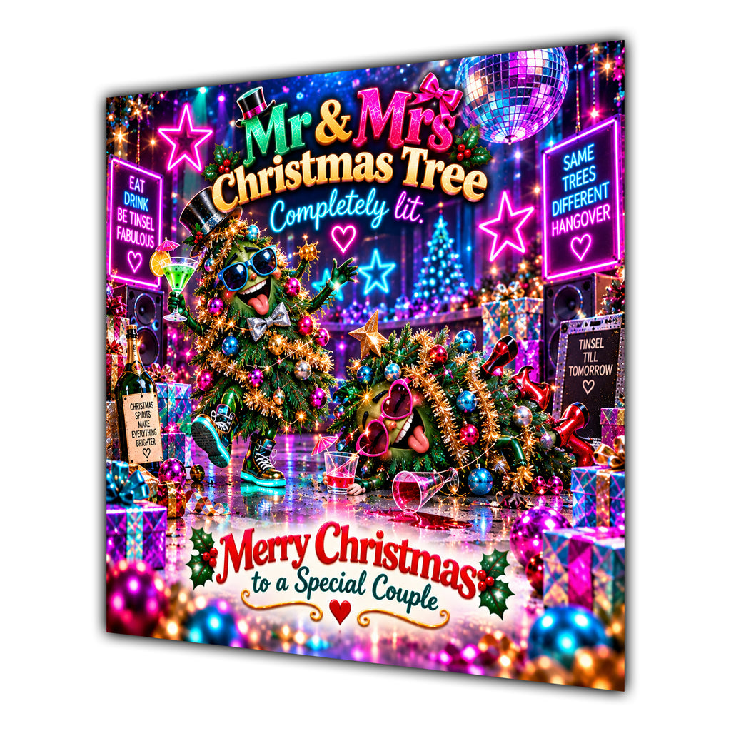 Couple Christmas Card Funny Mr and Mrs Christmas Tree Neon Party - unpersonalised 15 cm square matte greeting card