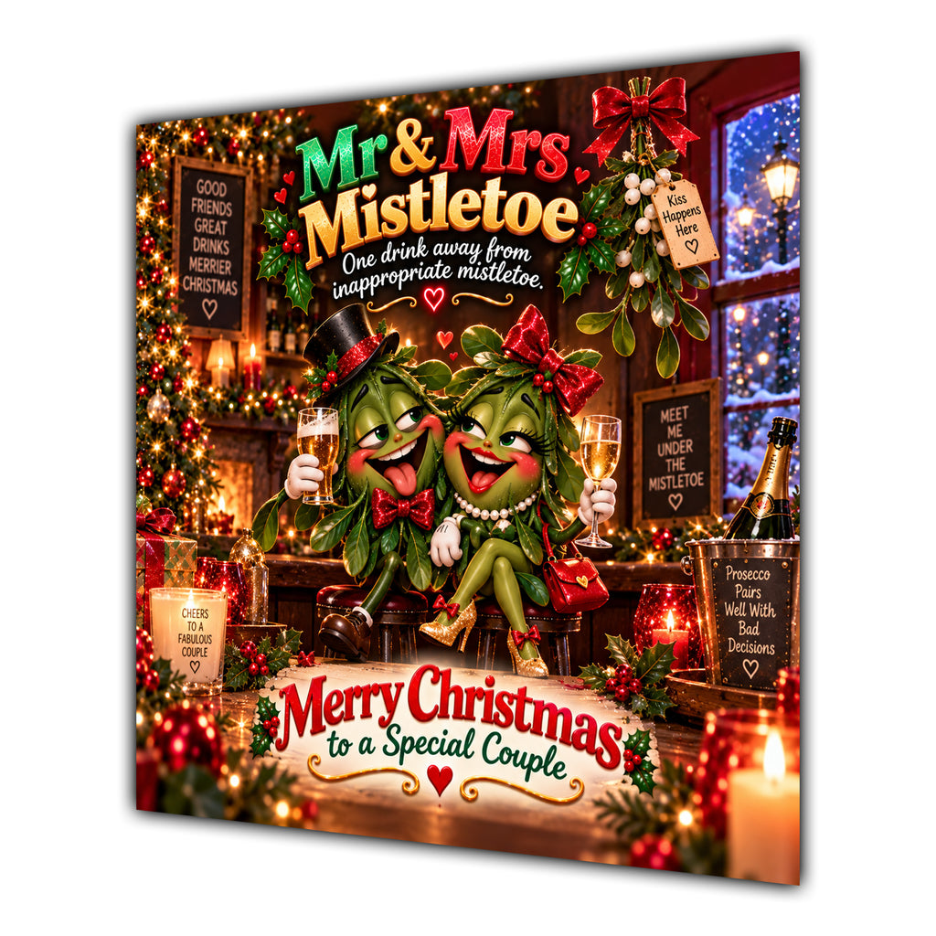 Couple Christmas Card Funny Mr and Mrs Mistletoe Festive Scene - unpersonalised 15 cm square matte greeting card