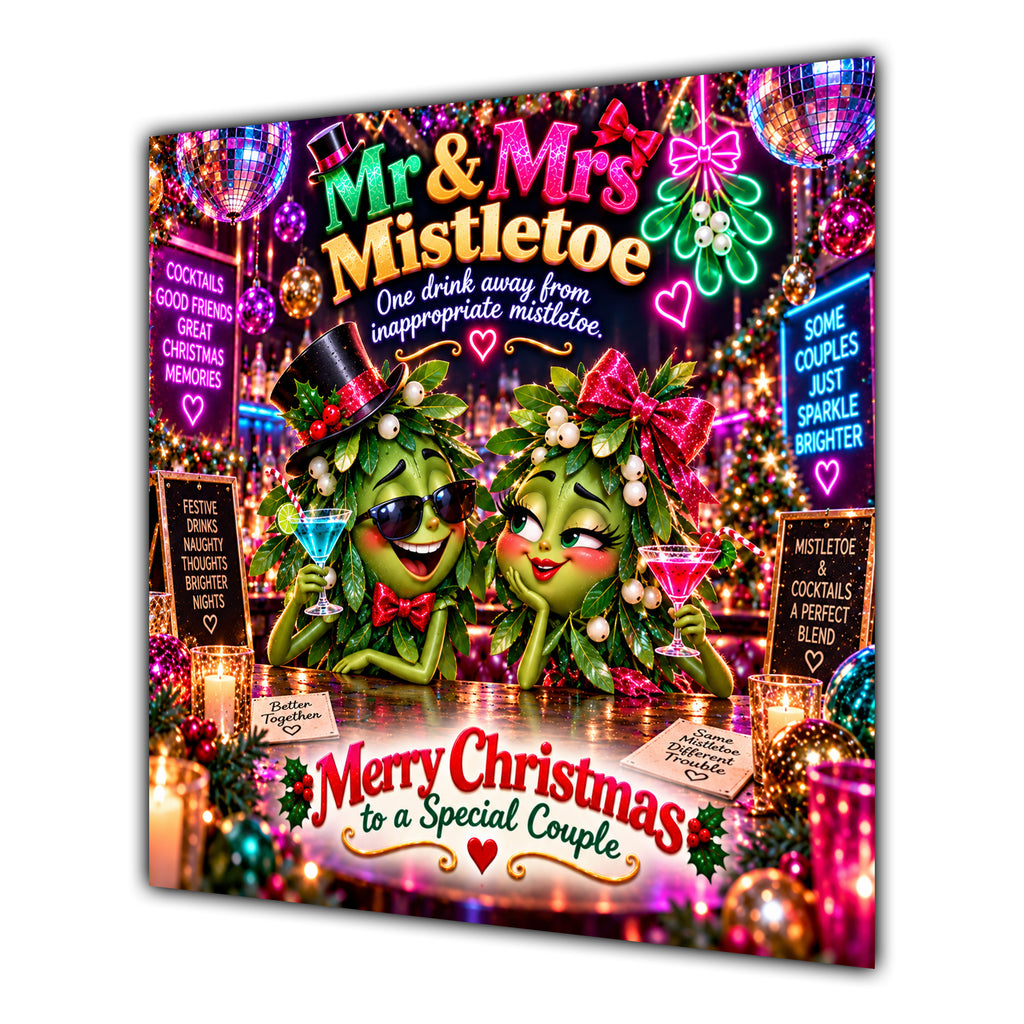 Couple Christmas Card Funny Mr and Mrs Mistletoe Neon Party - unpersonalised 15 cm square matte greeting card