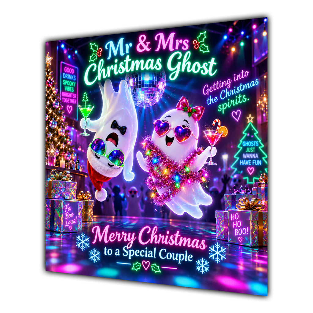 Couple Christmas Card Funny Mr and Mrs Christmas Ghost Neon Party - unpersonalised 15 cm square matte greeting card