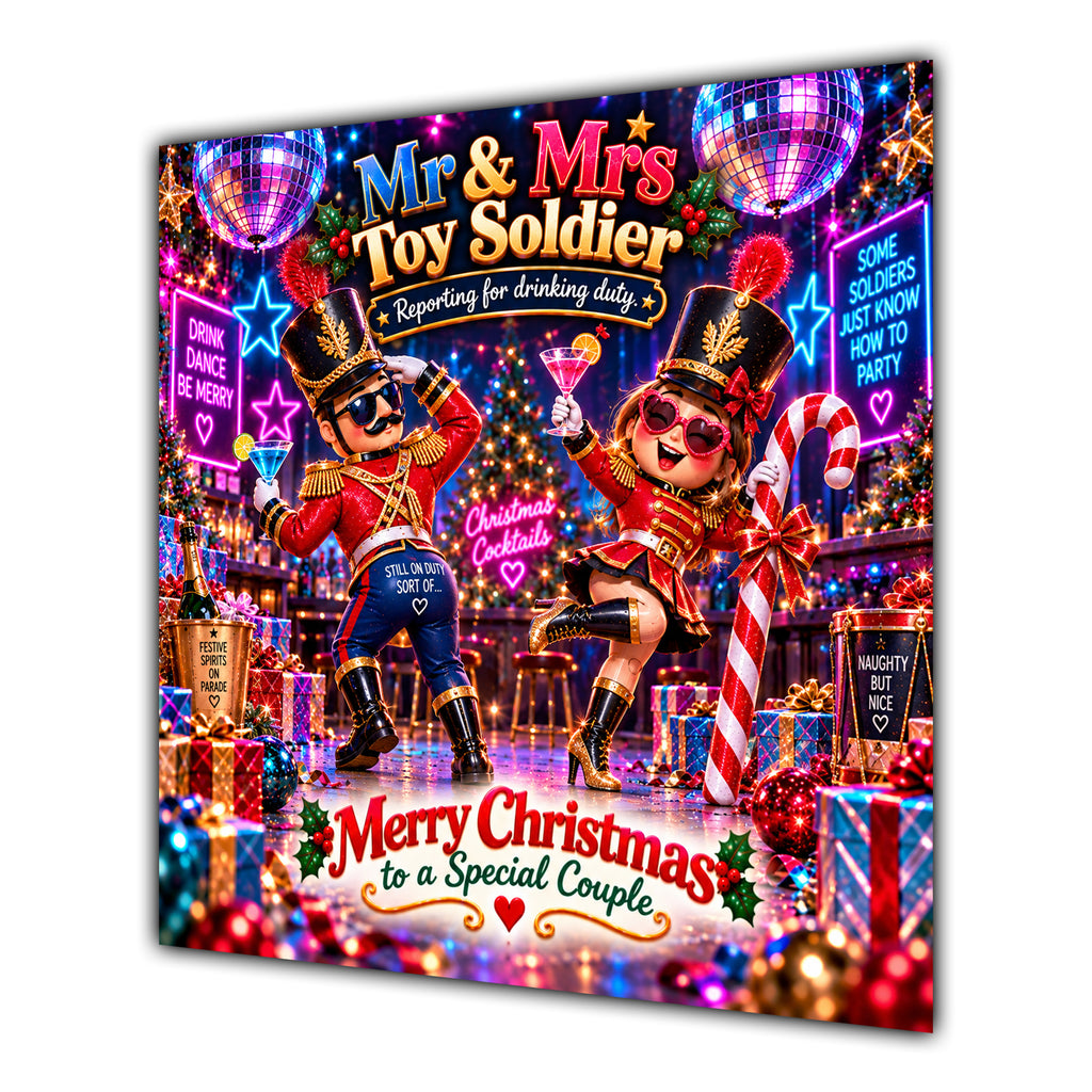 Couple Christmas Card Funny Mr and Mrs Toy Soldier Neon Party - unpersonalised 15 cm square matte greeting card
