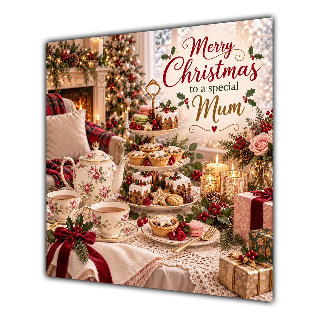 Mum Christmas Card Afternoon Tea Floral Teapot Cakes Christmas - unpersonalised 15 cm square matte greeting card