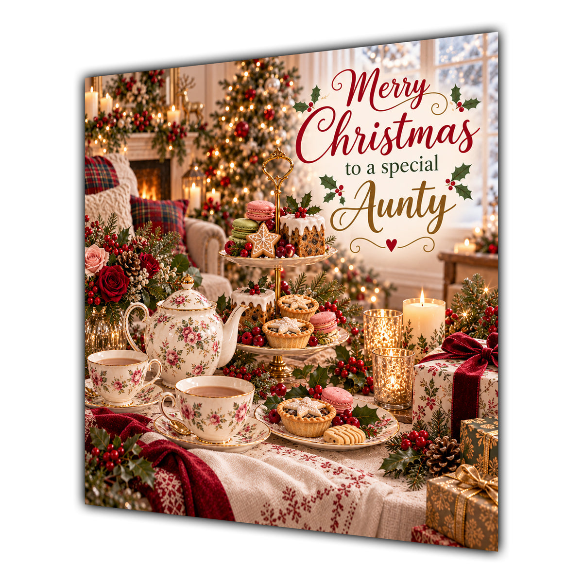 Aunty Christmas Card Afternoon Tea Floral Teapot Cakes Christmas - unpersonalised 15 cm square matte greeting card