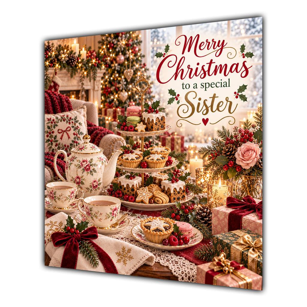 Sister Christmas Card Afternoon Tea Floral Teapot Cakes Christmas - unpersonalised 15 cm square matte greeting card