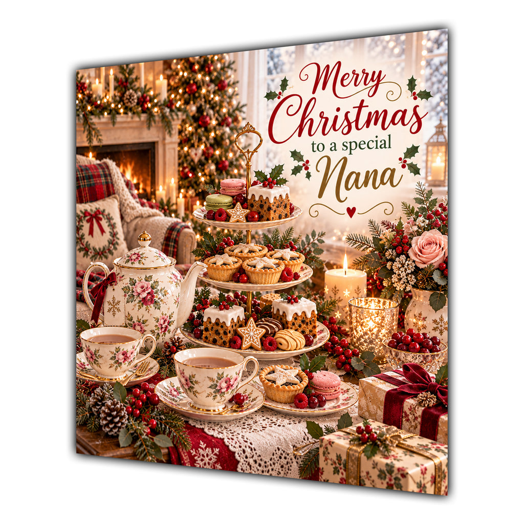 Nana Christmas Card Afternoon Tea Floral Teapot Cakes Christmas - unpersonalised 15 cm square matte greeting card