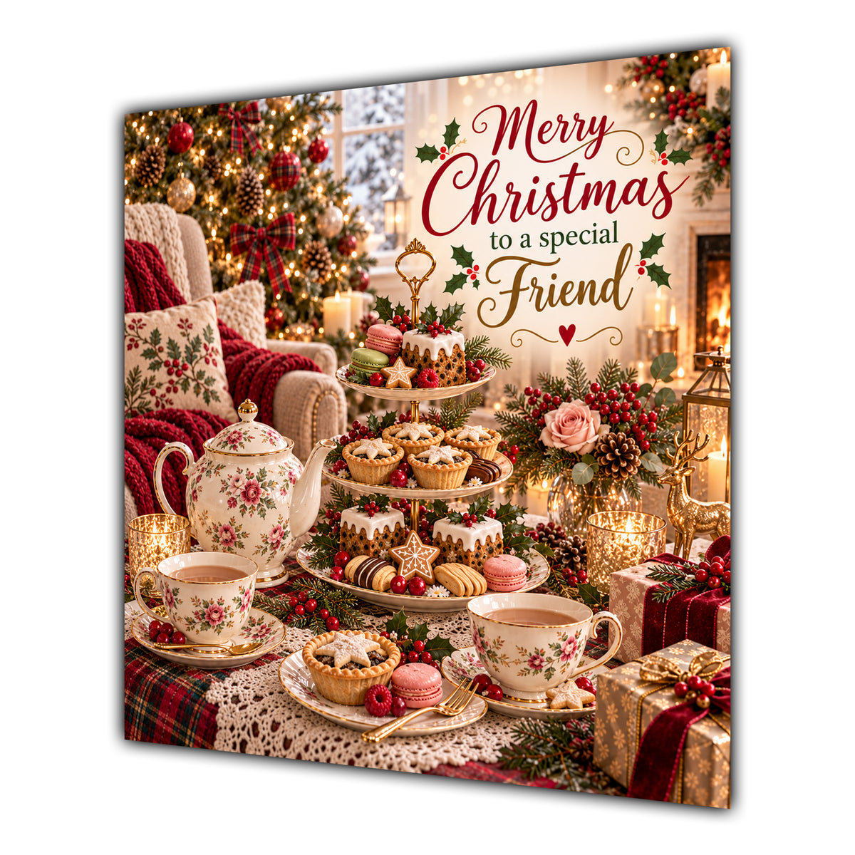 Friend Christmas Card Afternoon Tea Floral Teapot Cakes Christmas - unpersonalised 15 cm square matte greeting card