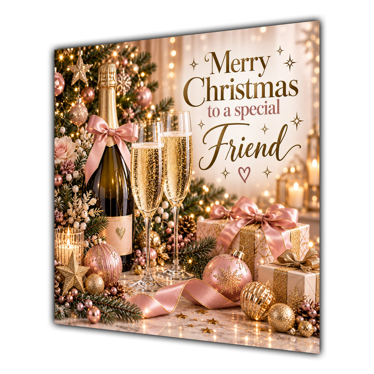 Friend Christmas Card Champagne Pink Gold Christmas Gifts - unpersonalised 15 cm square matte greeting card