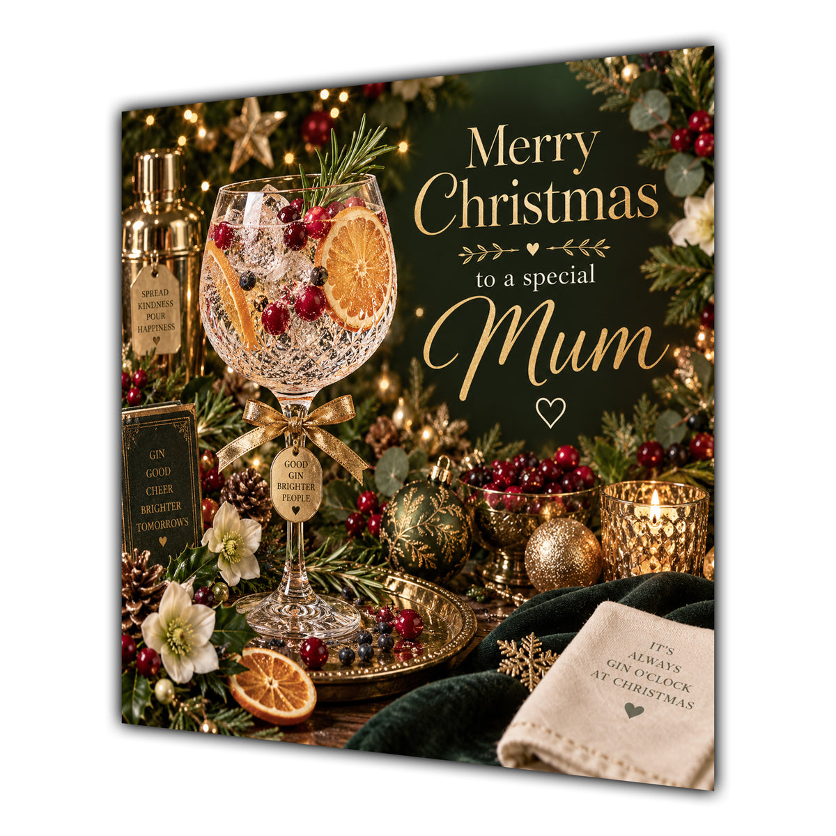 Mum Christmas Card Gin Cocktail Christmas Green Gold - unpersonalised 15 cm square matte greeting card
