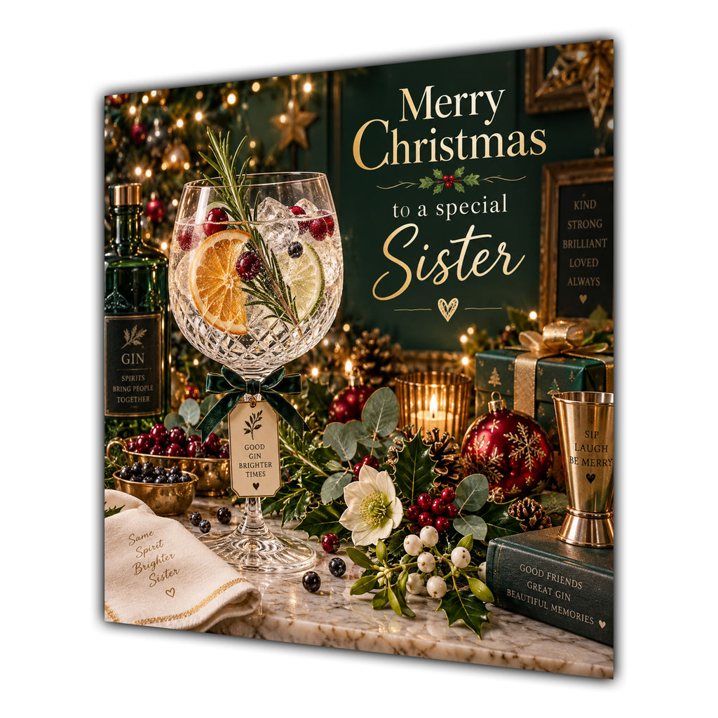 Sister Christmas Card Gin Cocktail Christmas Green Gold - unpersonalised 15 cm square matte greeting card