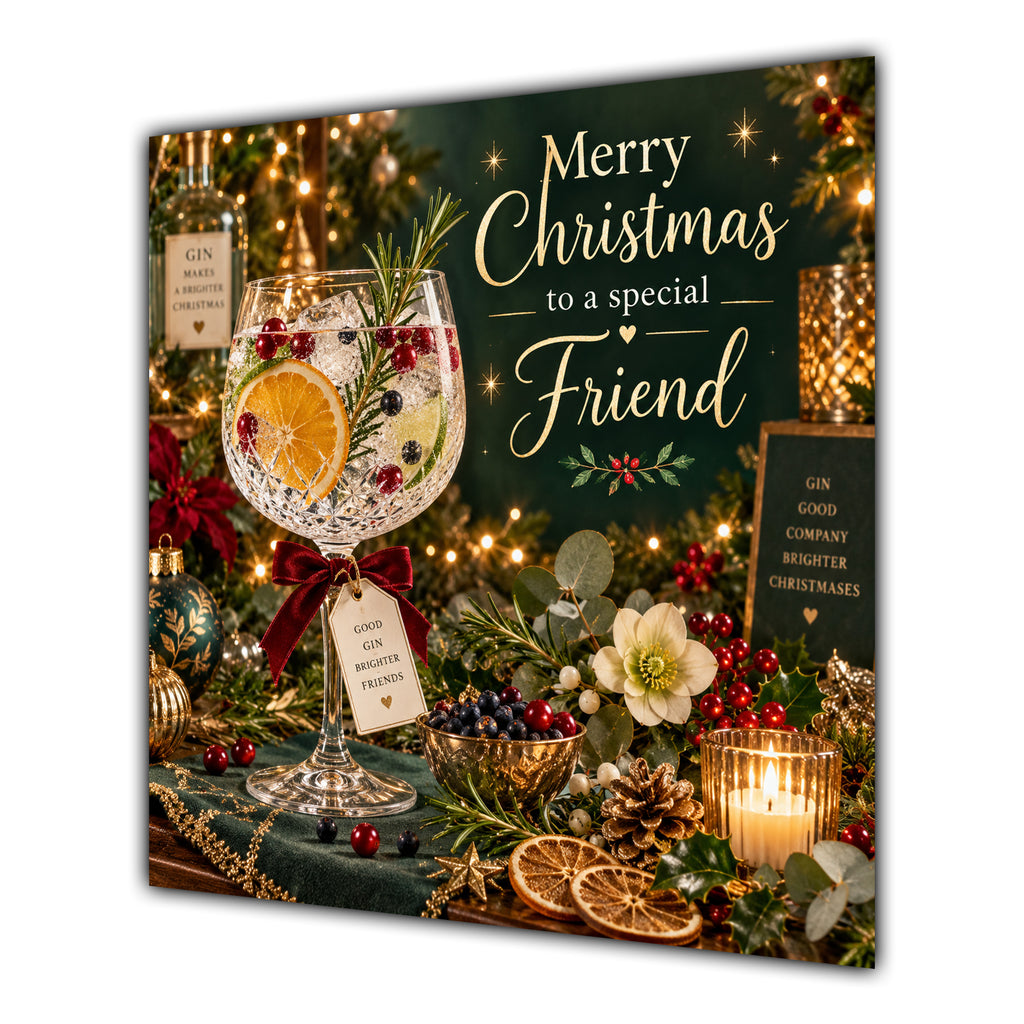 Friend Christmas Card Gin Cocktail Christmas Green Gold - unpersonalised 15 cm square matte greeting card