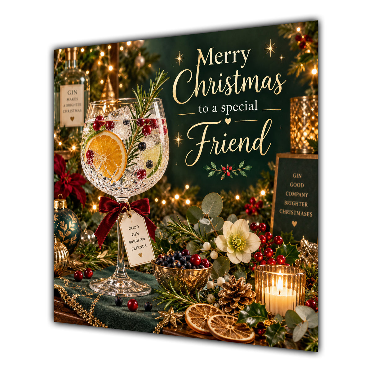 Friend Christmas Card Gin Cocktail Christmas Green Gold - unpersonalised 15 cm square matte greeting card