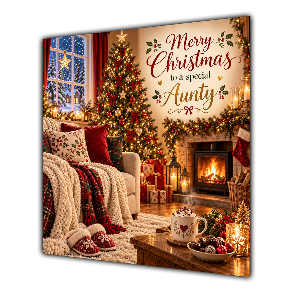 Aunty Christmas Card Cosy Fireplace Christmas Tree Tea - unpersonalised 15 cm square matte greeting card