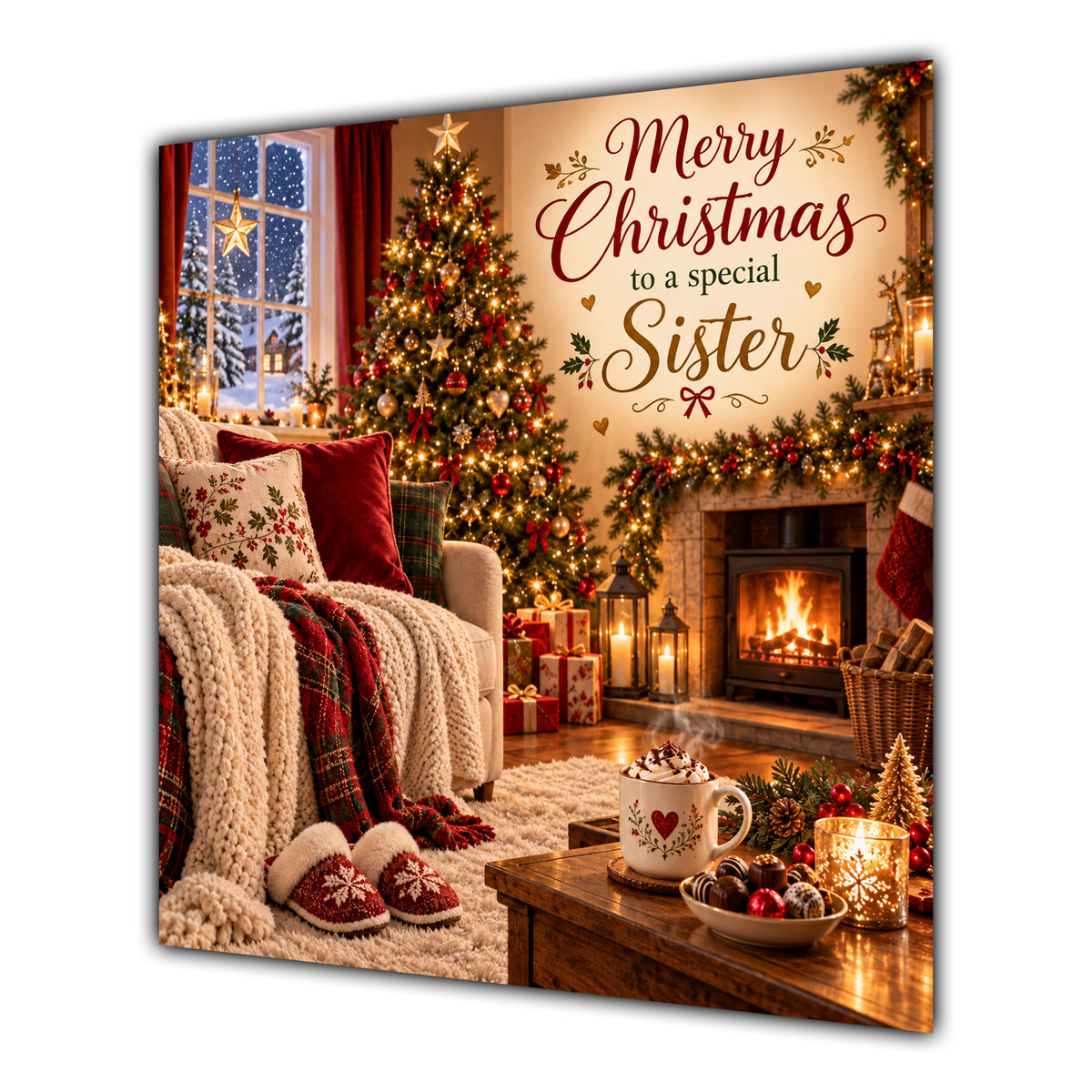 Sister Christmas Card Cosy Fireplace Christmas Tree Tea - unpersonalised 15 cm square matte greeting card