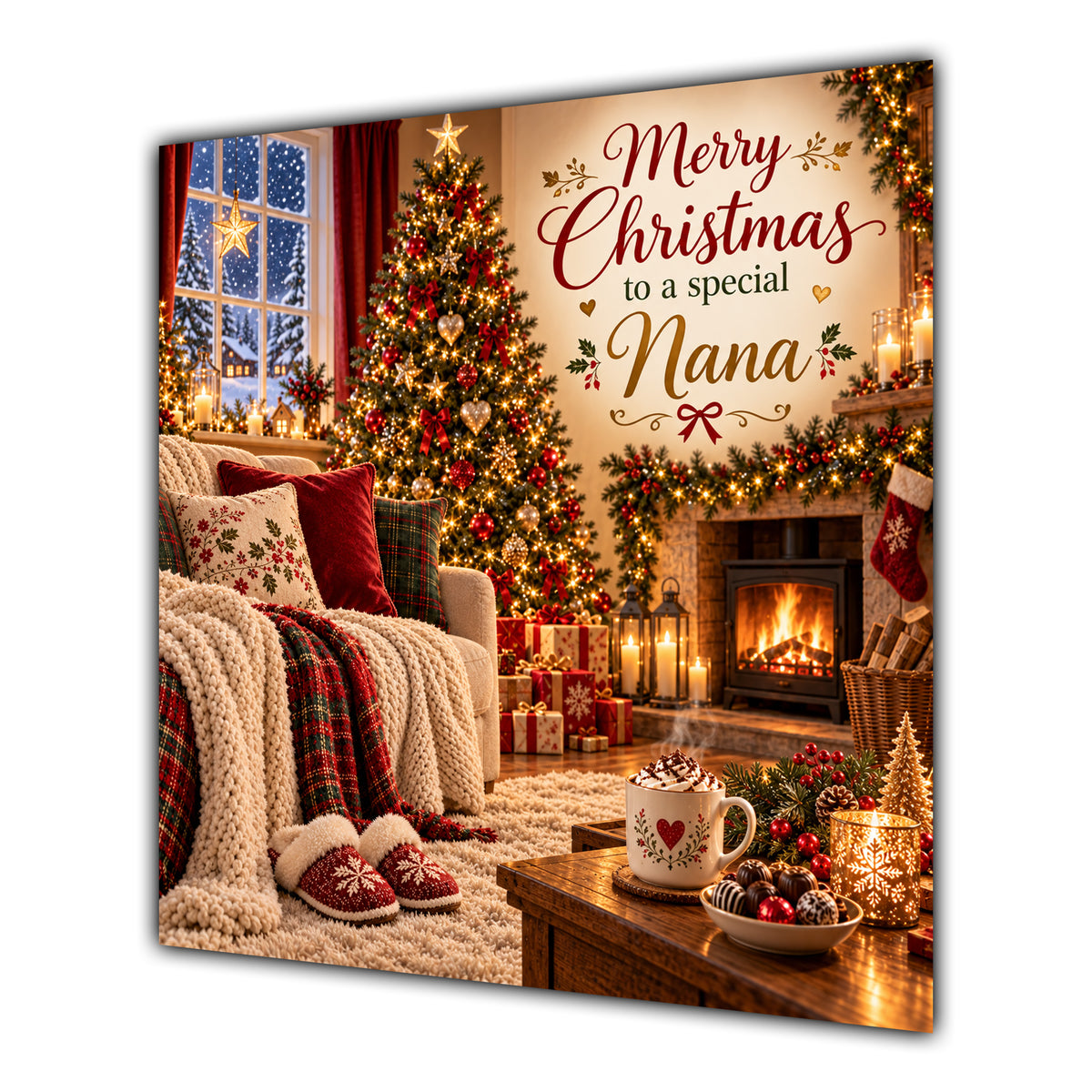 Nana Christmas Card Cosy Fireplace Christmas Tree Tea - unpersonalised 15 cm square matte greeting card