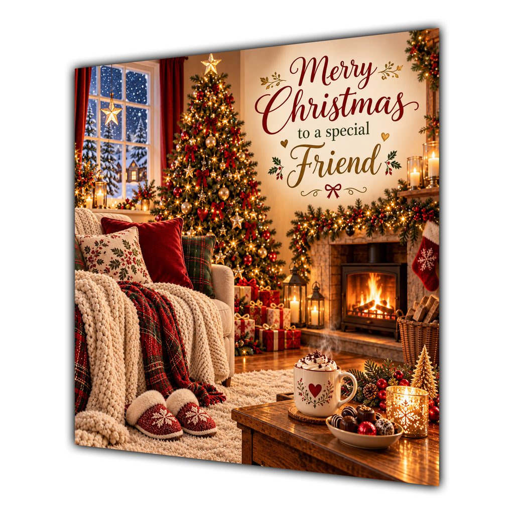 Friend Christmas Card Cosy Fireplace Christmas Tree Tea - unpersonalised 15 cm square matte greeting card