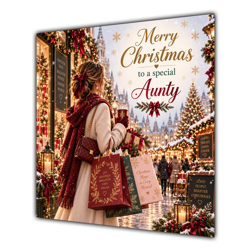Aunty Christmas Card Christmas Shopping Woman Gifts Snowy Street - unpersonalised 15 cm square matte greeting card