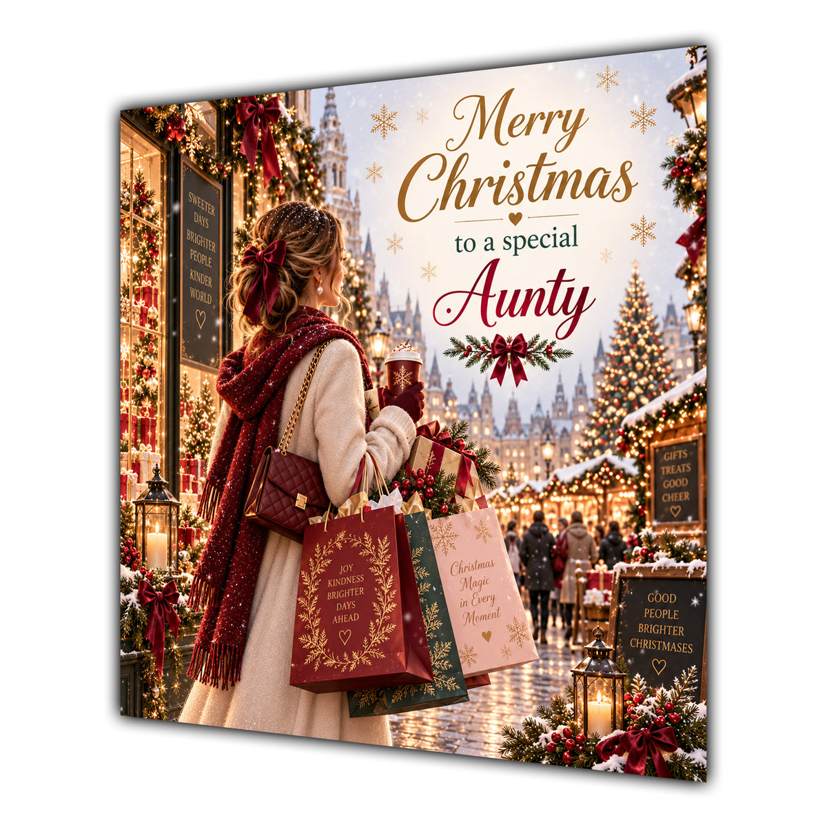 Aunty Christmas Card Christmas Shopping Woman Gifts Snowy Street - unpersonalised 15 cm square matte greeting card