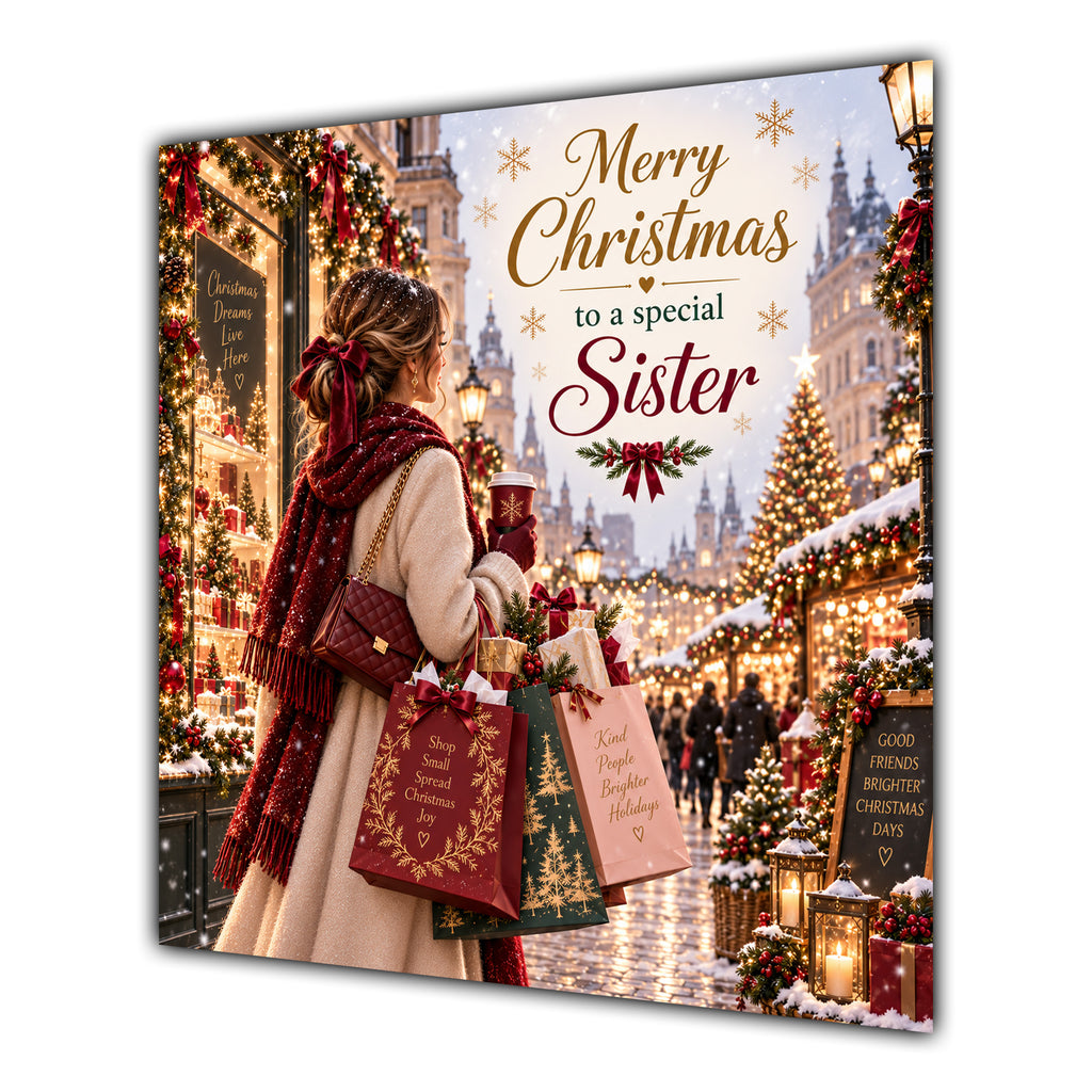 Sister Christmas Card Christmas Shopping Woman Gifts Snowy Street - unpersonalised 15 cm square matte greeting card