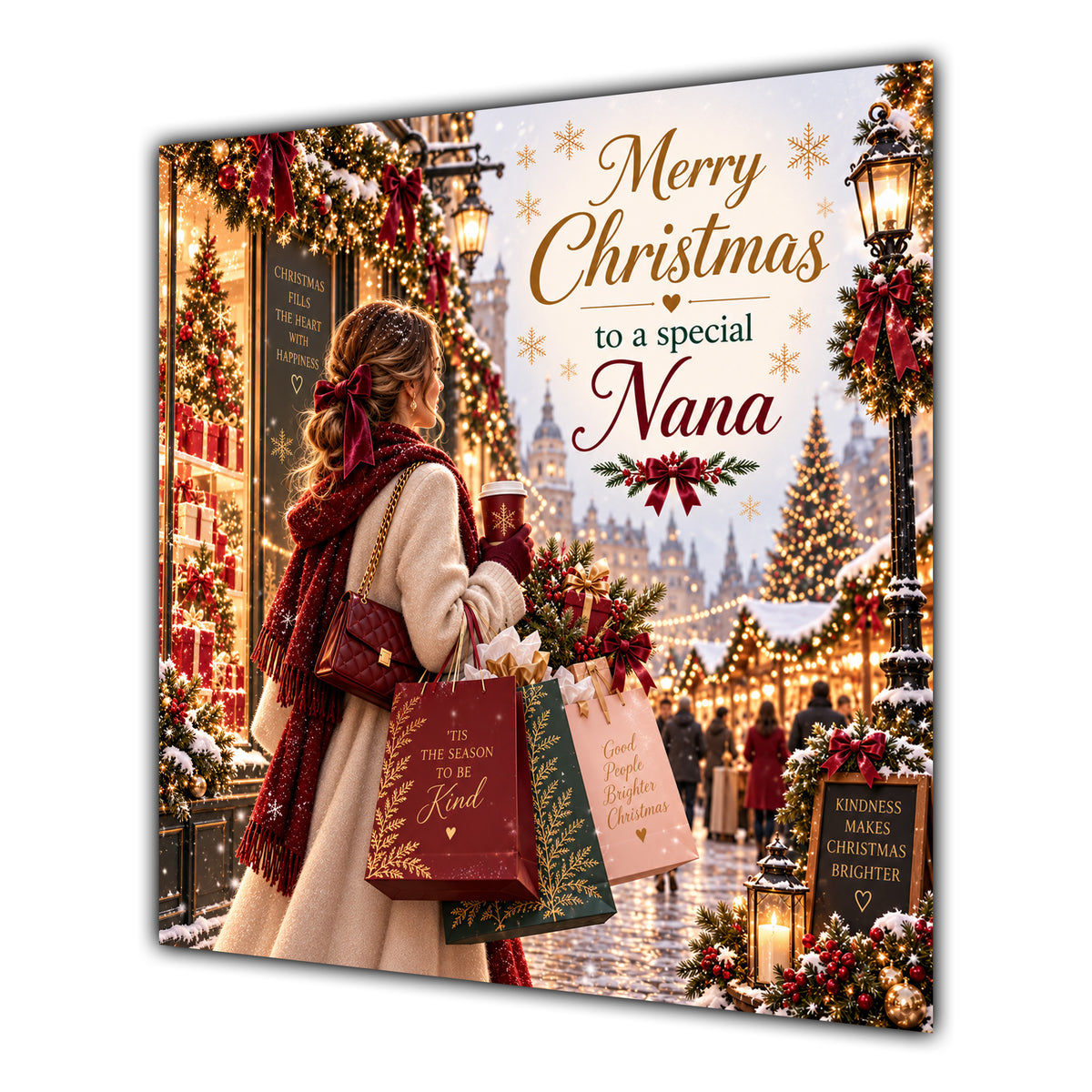 Nana Christmas Card Christmas Shopping Woman Gifts Snowy Street - unpersonalised 15 cm square matte greeting card