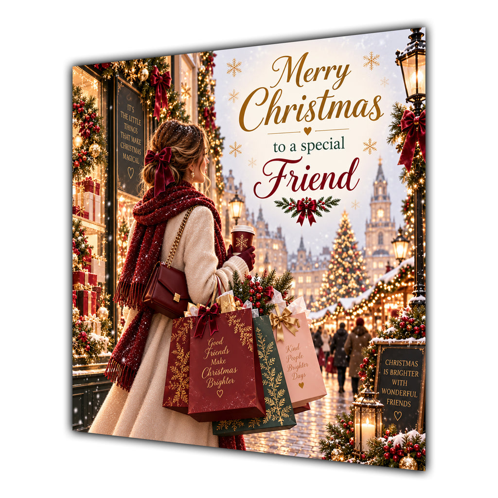 Friend Christmas Card Christmas Shopping Woman Gifts Snowy Street - unpersonalised 15 cm square matte greeting card