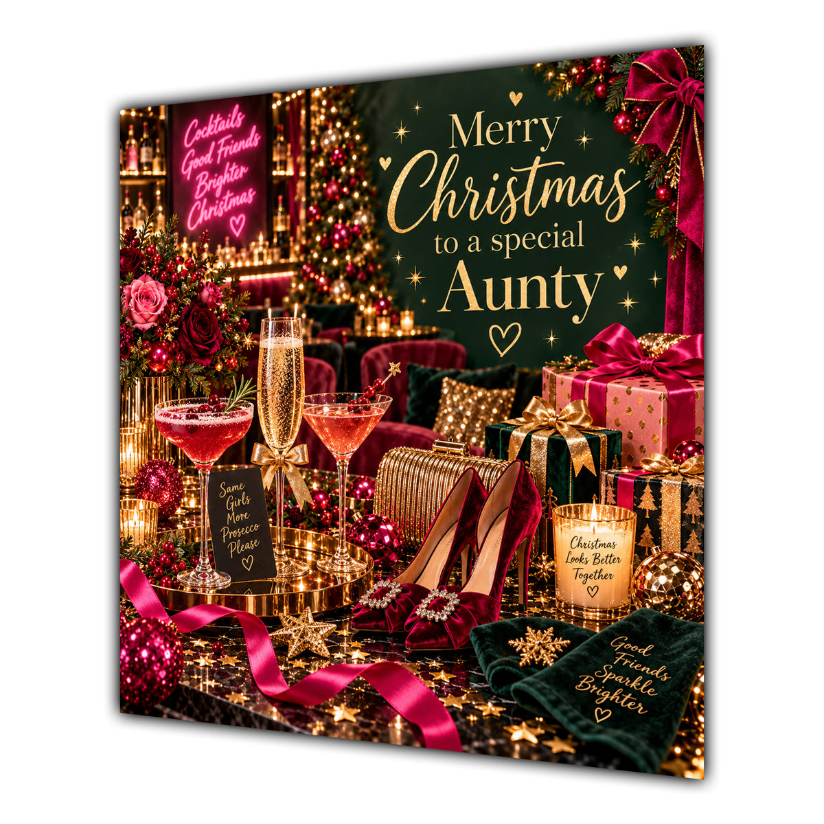 Aunty Christmas Card Cocktails Heels Roses Christmas Party - unpersonalised 15 cm square matte greeting card