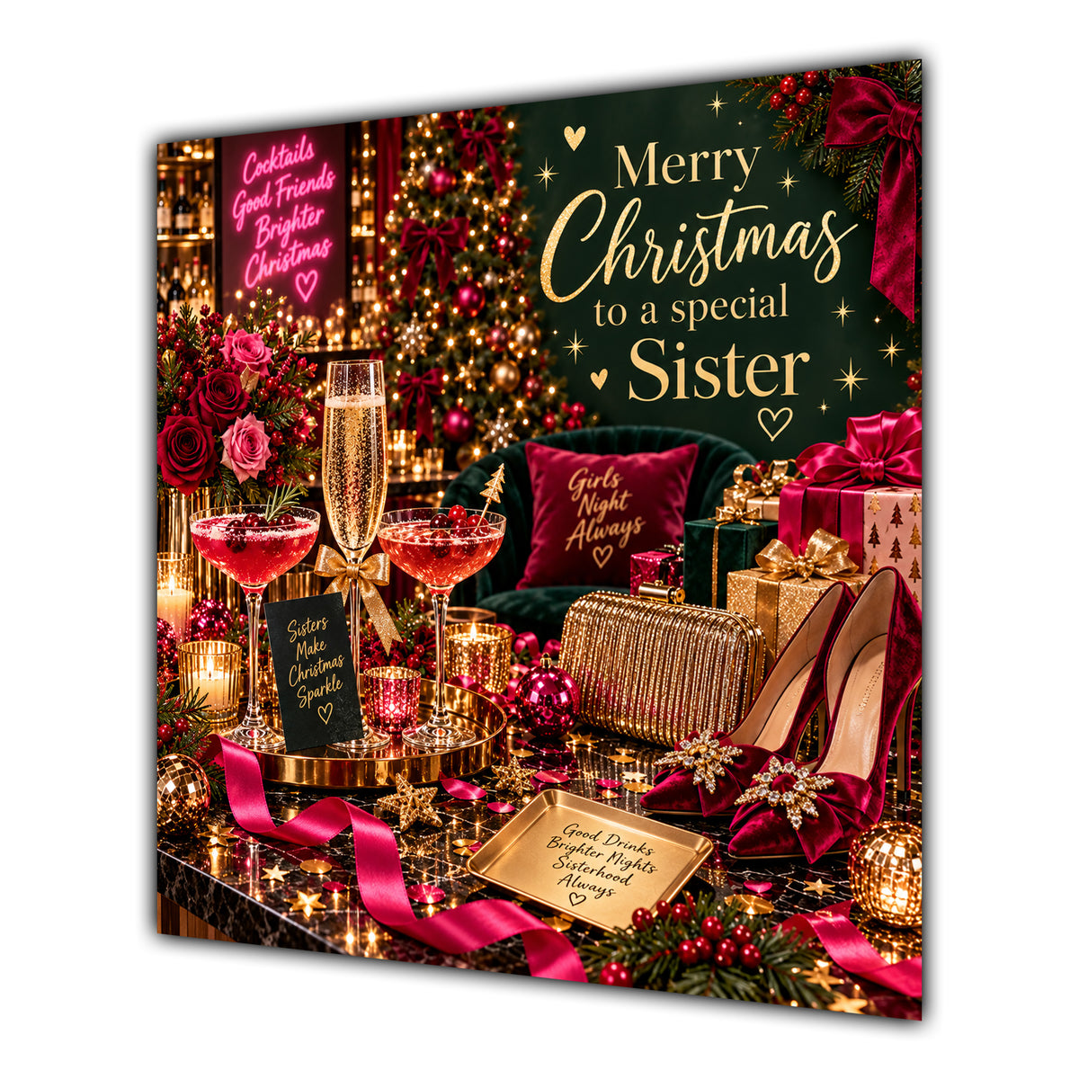 Sister Christmas Card Cocktails Heels Roses Christmas Party - unpersonalised 15 cm square matte greeting card