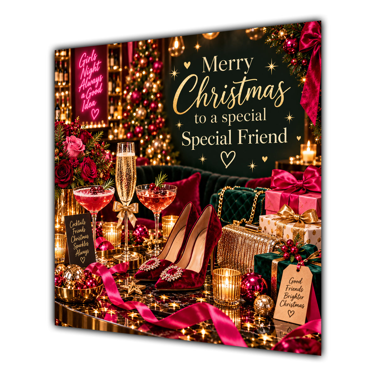Friend Christmas Card Cocktails Heels Roses Christmas Party - unpersonalised 15 cm square matte greeting card