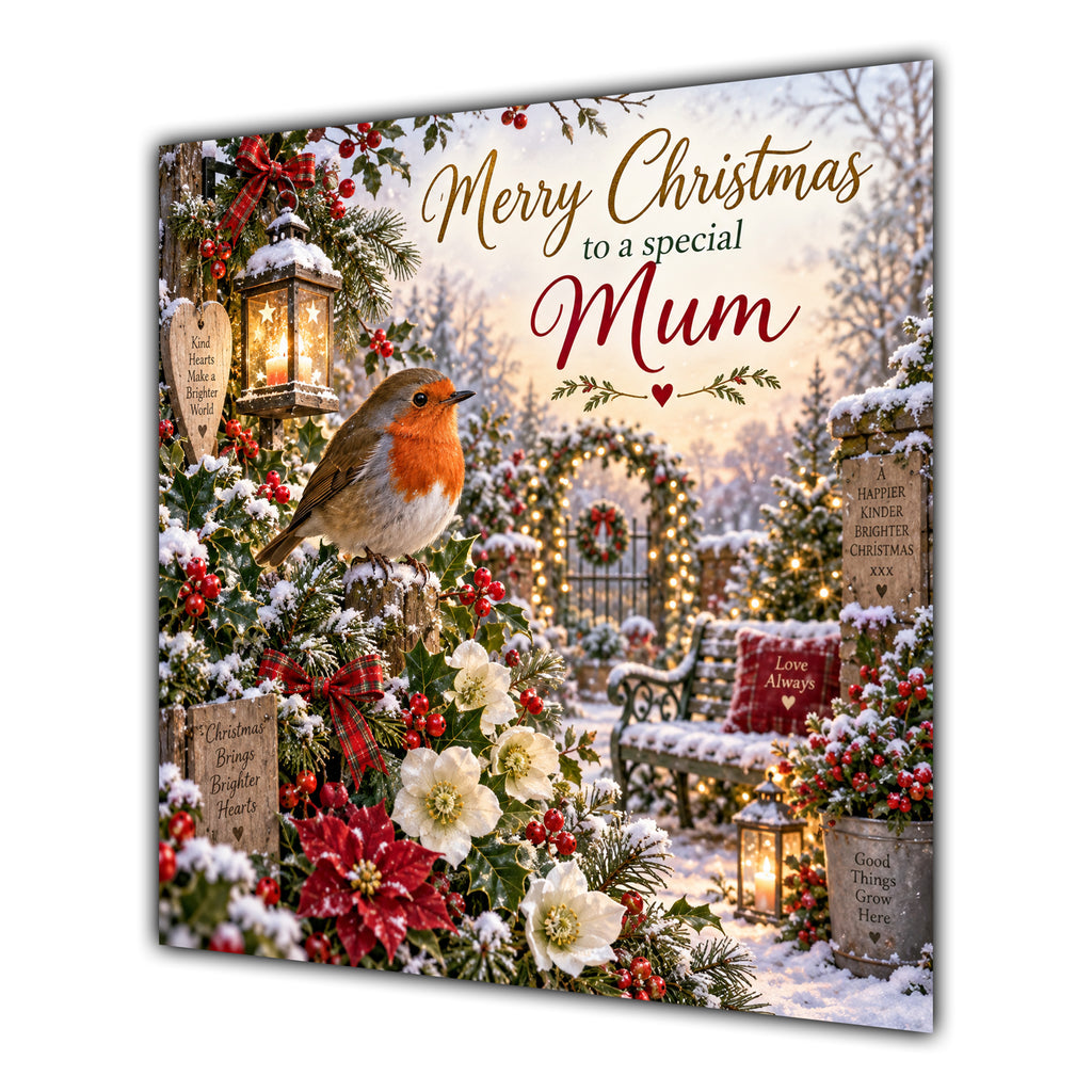 Mum Christmas Card Robin Snowy Garden White Flowers Christmas - unpersonalised 15 cm square matte greeting card