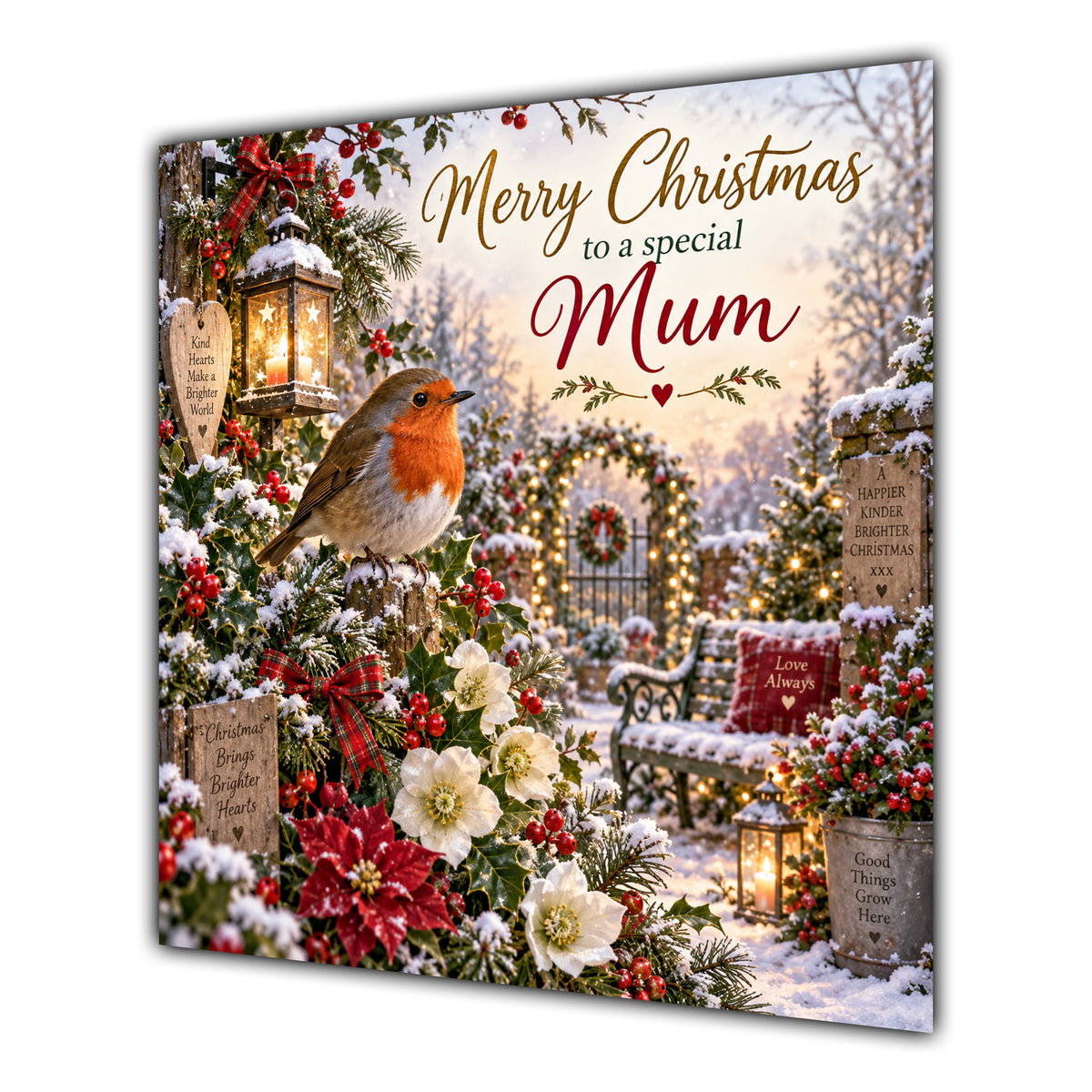 Mum Christmas Card Robin Snowy Garden White Flowers Christmas - unpersonalised 15 cm square matte greeting card