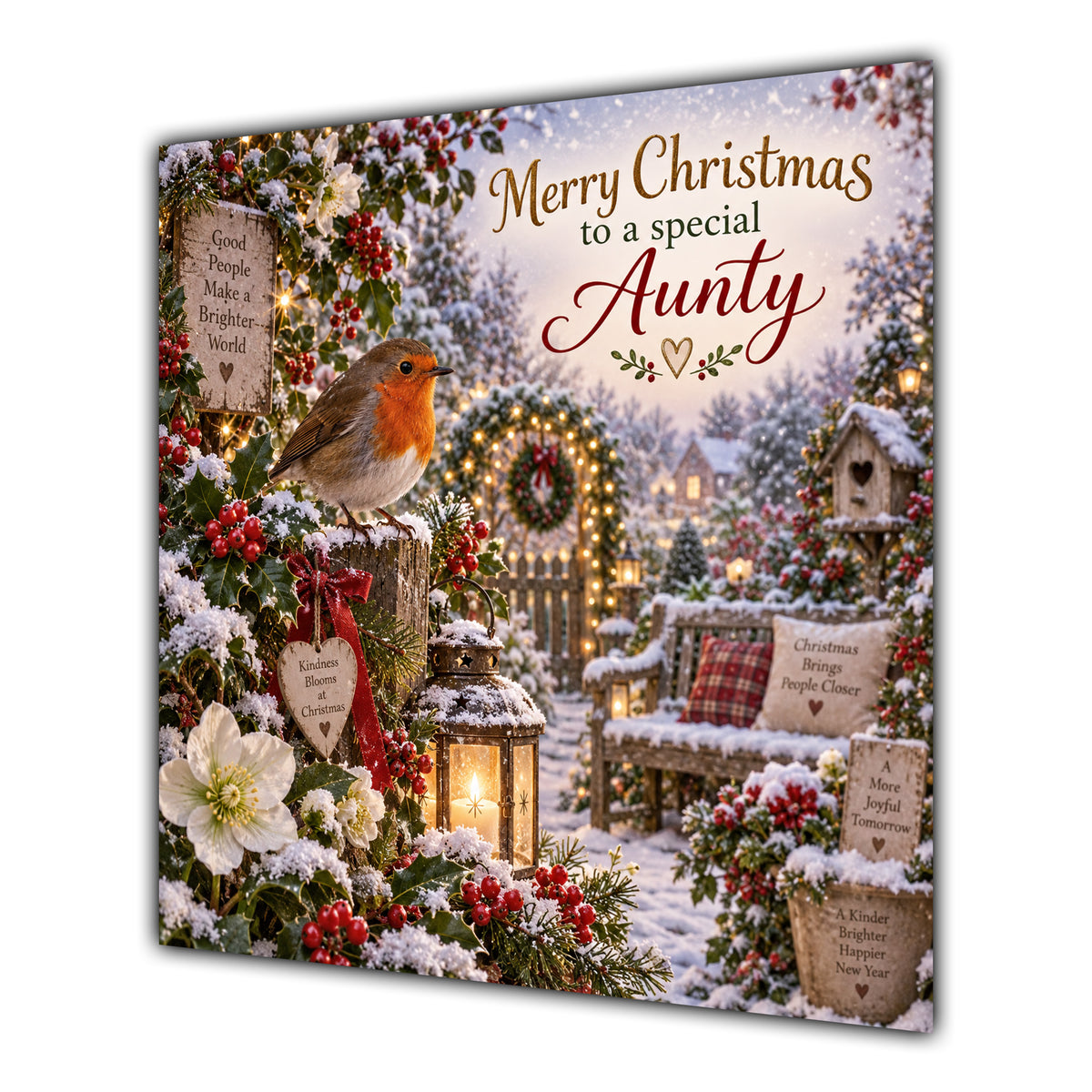 Aunty Christmas Card Robin Snowy Garden White Flowers Christmas - unpersonalised 15 cm square matte greeting card