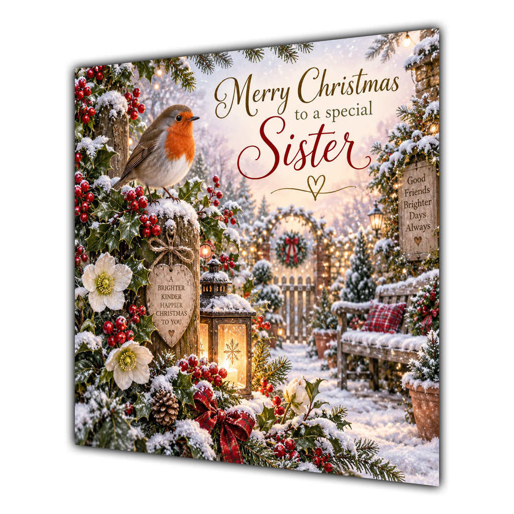 Sister Christmas Card Robin Snowy Garden White Flowers Christmas - unpersonalised 15 cm square matte greeting card