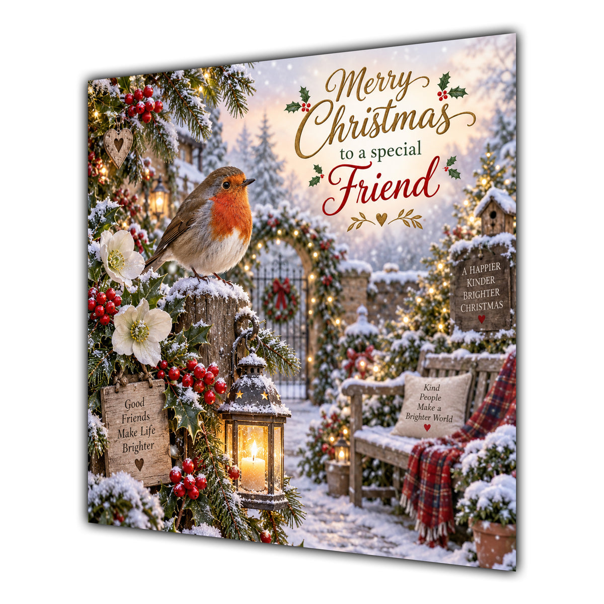 Friend Christmas Card Robin Snowy Garden White Flowers Christmas - unpersonalised 15 cm square matte greeting card